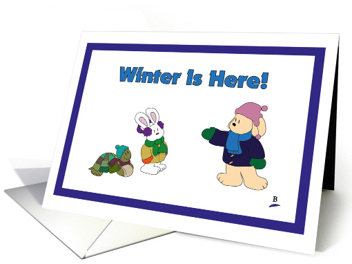 A dog, a rabbit and a tortoise celebrate the arrival of winter card
