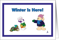 A dog, a rabbit and a tortoise celebrate the arrival of winter card