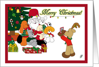 A reindeer takes a picture of Santa Claus with five dogs card