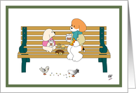 Friendship, A poodle and a beagle share coffee and pastries in a park card