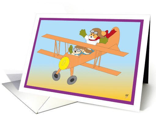 Two dogs having a nice day flying in an orange aeroplane card