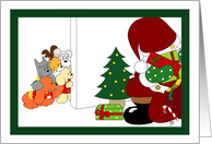 Merry Christmas Five Furry Friends Spying Santa card