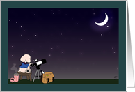 Hello A Dog Stargazing Under a Crescent Moon card