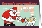 Seaon’s Grrrrreetings Santa and Dog Stocking Fight Christmas card