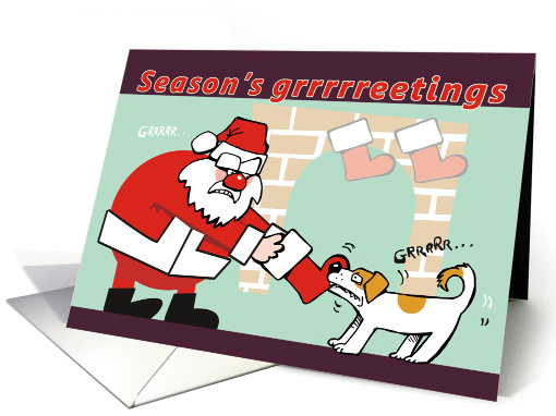 Seaon's Grrrrreetings Santa and Dog Stocking Fight Christmas card