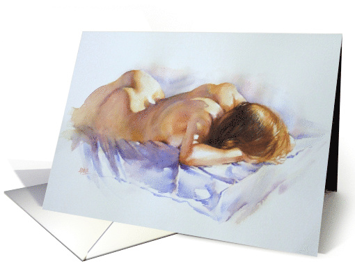 Fine Art Nude Watercolour Reclining Figure Sleeping Nude Words card