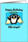 Birthday for Boy - Little Angel Penguin on Blue with Hearts card