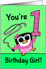 1st Birthday for Girl - Little Gymnast Penguin (Pink and Green) card