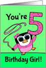 5th Birthday for Girl - Little Gymnast Penguin (Pink and Green) card