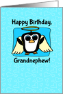 Birthday for Grandnephew - Little Angel Penguin on Blue with Hearts card