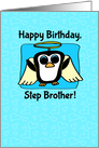 Birthday for Step Brother - Little Angel Penguin on Blue with Hearts card