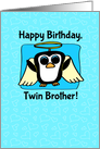 Birthday for Twin Brother - Little Angel Penguin on Blue with Hearts card