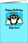 Birthday for Step Son - Little Angel Penguin on Blue with Hearts card