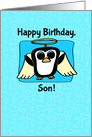 Birthday for Son - Little Angel Penguin on Blue with Hearts card