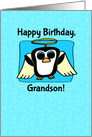 Birthday for Grandson - Little Angel Penguin on Blue with Hearts card