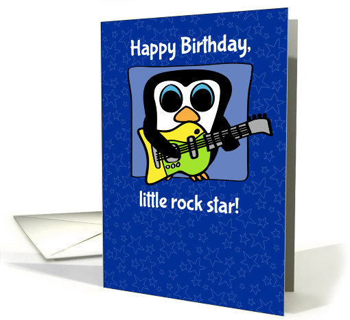 Birthday for Boy - Little Rock Star Penguin on Blue with Stars card