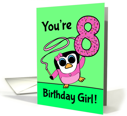 8th Birthday for Girl - Little Gymnast Penguin (Pink and Green) card