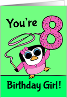 8th Birthday for Girl - Little Gymnast Penguin (Pink and Green) card
