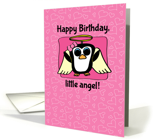 Birthday for Girl - Little Angel Penguin on Pink with Hearts card