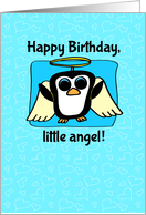 Birthday for Boy - Little Angel Penguin on Blue with Hearts card