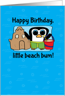 Birthday for Boy - Little Beach Bum Penguin on Blue with Sun and Waves card