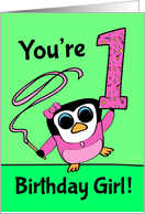 1st Birthday for Girl - Little Gymnast Penguin (Pink and Green) card