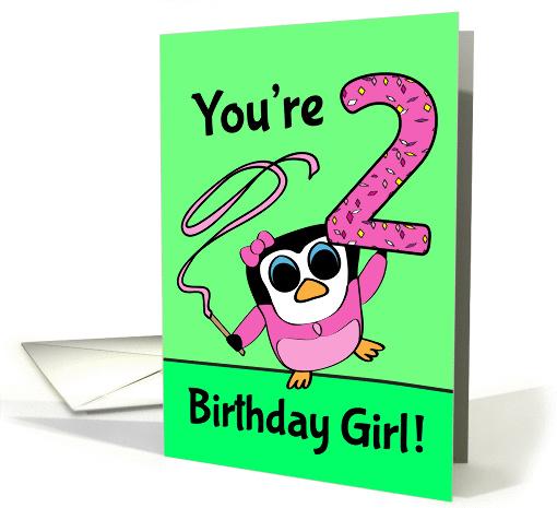 2nd Birthday for Girl - Little Gymnast Penguin (Pink and Green) card