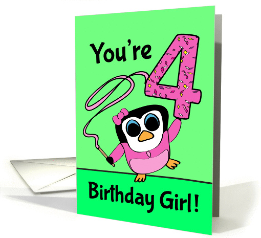 4th Birthday for Girl - Little Gymnast Penguin (Pink and Green) card