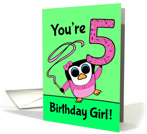 5th Birthday for Girl - Little Gymnast Penguin (Pink and Green) card