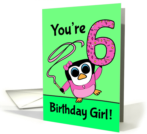 6th Birthday for Girl - Little Gymnast Penguin (Pink and Green) card