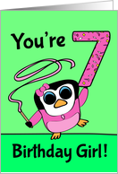 7th Birthday for Girl - Little Gymnast Penguin (Pink and Green) card
