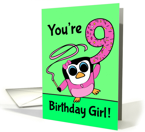 9th Birthday for Girl - Little Gymnast Penguin (Pink and Green) card