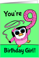 9th Birthday for Girl - Little Gymnast Penguin (Pink and Green) card