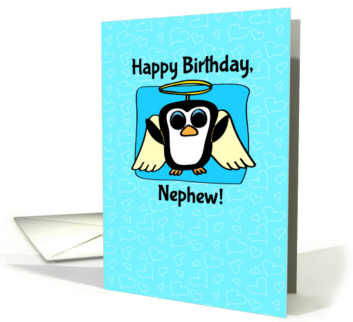 Birthday for Nephew - Little Angel Penguin on Blue with Hearts card