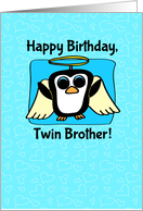 Birthday for Twin Brother - Little Angel Penguin on Blue with Hearts card