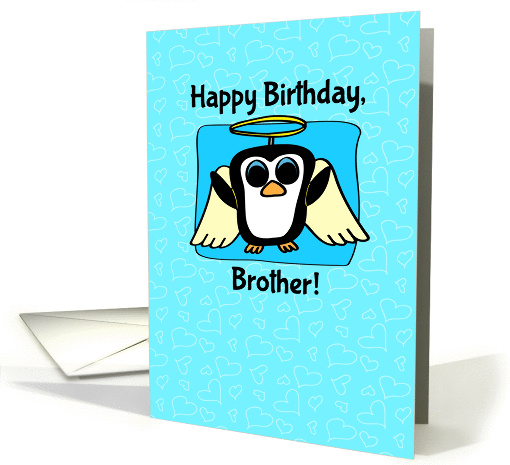 Birthday for Brother - Little Angel Penguin on Blue with Hearts card