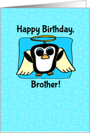 Birthday for Brother - Little Angel Penguin on Blue with Hearts card