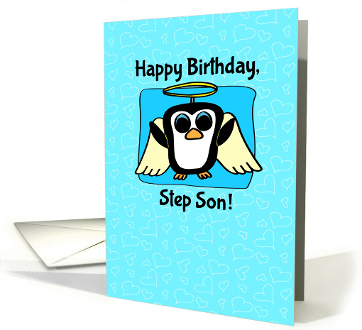 Birthday for Step Son - Little Angel Penguin on Blue with Hearts card