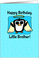 Birthday for Little Brother - Little Angel Penguin on Blue with Hearts card
