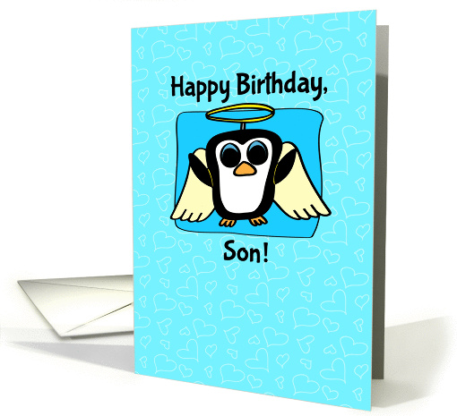 Birthday for Son - Little Angel Penguin on Blue with Hearts card
