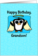 Birthday for Grandson - Little Angel Penguin on Blue with Hearts card