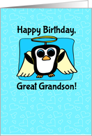 Birthday for Great Grandson - Little Angel Penguin on Blue with Hearts card