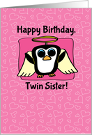 Birthday for Twin Sister - Little Angel Penguin on Pink with Hearts card