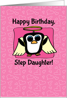 Birthday for Step Daughter - Little Angel Penguin on Pink with Hearts card