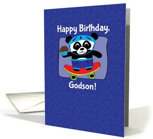 Birthday for Godson - Little Skateboarder Panda Bear (Blue/Stars) card