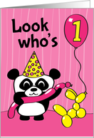 1st Birthday for Girl - Panda Bear with Balloon Animals (Pink Stripes) card