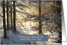 Light filtering through snowy woods - Peaceful Light-filled New Year card