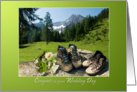 Mountain hiking shoes and bouquet - Wedding Congrats Sunny Green card
