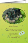 Hiking shoes and daisies in sunny green - Wedding Congrats in Dutch card