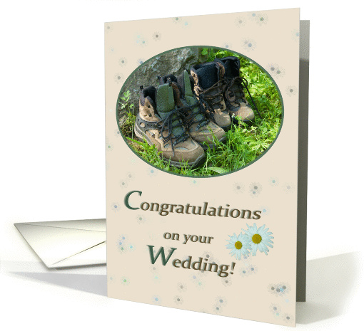 Hiking shoes and daisies in buck - Wedding Congrats Hiking card